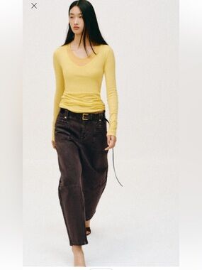 Zara Washed Brown Barrel Leg Utility Jeans Pants High Rise Wide Leg SZ 4